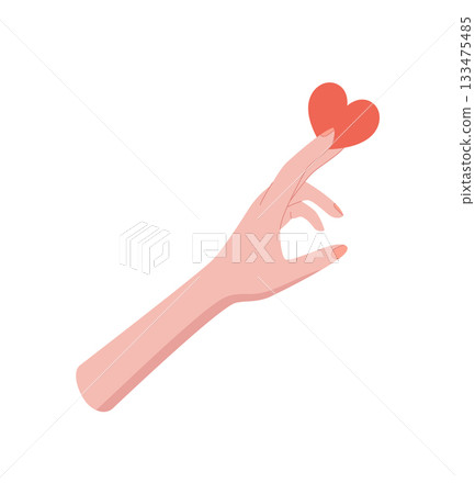 Flat hand holding a red heart symbol. Human gesture of love, support, and charity. Expression of giving and aid in an abstract flat style, ideal for banners, posters, or creative concepts. Flat hand holding a red heart symbol. Human gesture of love, support, and charity. Expression of giving and aid in an abstract flat style, ideal for banners, posters, or creative concepts. 133475485
