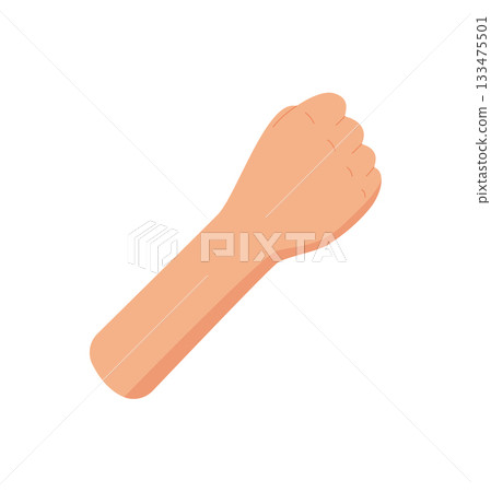 Bare human hand fist gesture in flat style sticker. Number five displayed with five fingers closed on a palm pose. Minimal and cartoon representation of a bare hand used for counting or educational 133475501