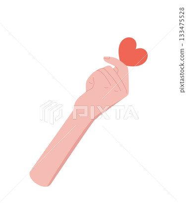 Flat style hand holding a heart symbol. Gentle gesture of love, care, and charity. Representation of human aid and support, fostering solidarity. Ideal for nonprofit banners or creative messages. 133475528