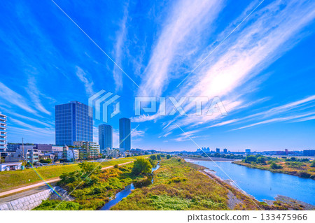 Tokyo cityscape, Japan, November 24th. Early morning Tama River, a single waterfowl, the sparkling water surface, the high-rise apartment buildings in front of Musashi-Kosugi Station... Tokyo cityscape, Japan, November 24th. Early morning Tama River, a single waterfowl, the sparkling water surface, the high-rise apartment buildings in front of Musashi-Kosugi Station... 133475966
