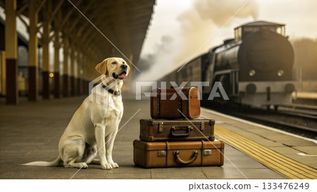 Dog waits at train station with vintage luggage as steam train approaches in the golden hour 133476249