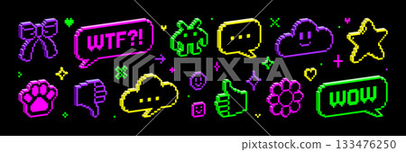 Pixel 3d isometric icon and sticker set. Y2k cyberpunk trendy vector illustration of heart cursor hand flower speech bubble in neon colors. 8 bit retro game style. Social media and chat elements. Pixel 3d isometric icon and sticker set. Y2k cyberpunk trendy vector illustration of heart cursor hand flower speech bubble in neon colors. 8 bit retro game style. Social media and chat elements. 133476250