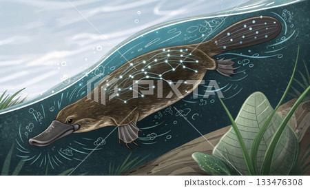Platypus swimming gracefully through a serene river during a sunny day in Australia 133476308