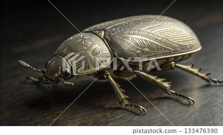 Intricate bronze beetle exploring a wooden surface in natural light during a sunny afternoon 133476390