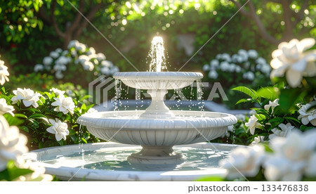 White Marble Fountain in Gardenia Garden 133476838
