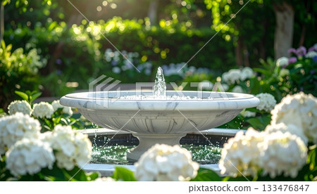 White Marble Fountain in Hydrangea Garden White Marble Fountain in Hydrangea Garden 133476847