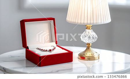 White Crystal Table Lamp with Jewelry Box and Diamond Necklace on White Marble Table White Crystal Table Lamp with Jewelry Box and Diamond Necklace on White Marble Table 133476866