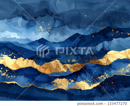 抽象藝術背景，以深藍色和閃亮的金箔為特色。 133477270