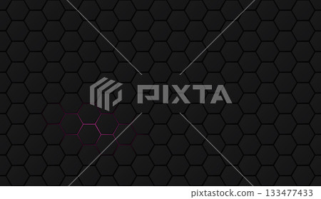 Dark hexagon pattern with a small pink light glowing out from the back graphic illustration. 133477433