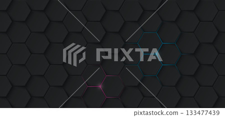 Abstract 3D black hexagonal pattern with a small pink and blue light glowing out from the back graphic illustration. 133477439