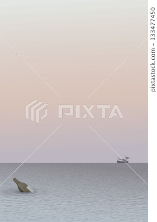 Minimalist seascape at sunset have a letter in a bottle of liquor floating in the middle of the sea and silhouette fishing boat have vanilla sky vertical background graphic illustration. Minimalist seascape at sunset have a letter in a bottle of liquor floating in the middle of the sea and silhouette fishing boat have vanilla sky vertical background graphic illustration. 133477450