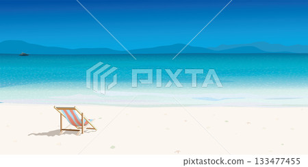 Beach chair at white sand beach and tropical blue sea have mountain ranges and blue sky background graphic illustration. Beach chair at white sand beach and tropical blue sea have mountain ranges and blue sky background graphic illustration. 133477455