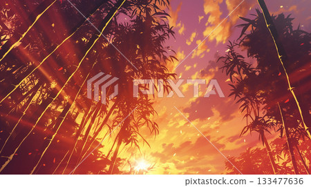動畫風格的竹林剪影和日出AI影像 133477636