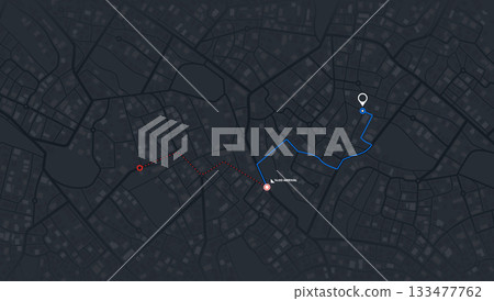 Map navigation. Route planning, Location tracking geolocation. Abstract city map with GPS pin. Urban streets with marked path. Vector illustration 133477762