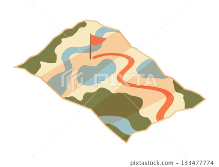 Flat paper map with red route and destination flag. Generic map with road and forest, abstract navigation. Vector illustration 133477774