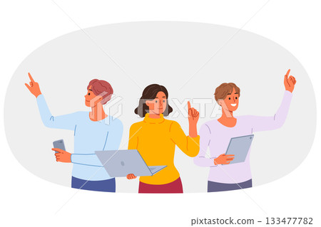 Team freelancers with gadgets, working together on project, stretching out hands to virtual screens 133477782