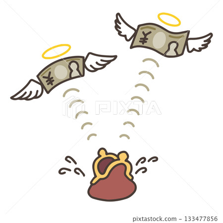 An illustration of money with wings flying away from a wallet. 133477856