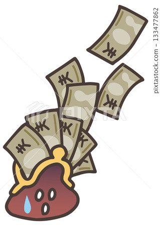 一幅插圖,描繪了大量現金從錢包飛出來。 一幅插圖,描繪了大量現金從錢包飛出來。 133477862