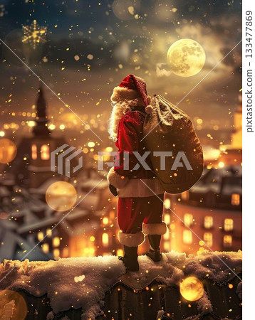 聖誕老人的背影俯瞰著金色的城市——冬日聖誕老人—— 聖誕老人的背影俯瞰著金色的城市——冬日聖誕老人—— 133477869