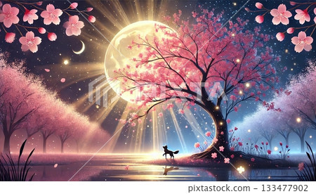 A magical night with the light of the full moon enveloping the cherry blossom trees, a shining spring landscape on a quiet lakeside, and a fox illuminated by the moonlight. A magical night with the light of the full moon enveloping the cherry blossom trees, a shining spring landscape on a quiet lakeside, and a fox illuminated by the moonlight. 133477902