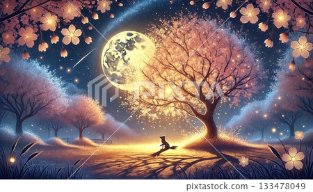 一輪皎潔的月光灑在一棵巨大的櫻花樹和一隻小狐狸身上,構成了一幅夢幻般的春日景象。 一輪皎潔的月光灑在一棵巨大的櫻花樹和一隻小狐狸身上,構成了一幅夢幻般的春日景象。 133478049