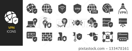 VPN icon set. It includes virtual private network, secure, encrypted, connection, and more icons. 133478161