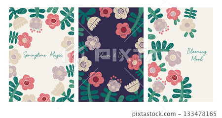 Spring Floral Card set. Crayon Flowers with Leaves. Textured Hand-Drawn Chalk Drawings. Isolated blooming composition Pattern Vertical Frames posters. Vector illustration. Not AI Spring Floral Card set. Crayon Flowers with Leaves. Textured Hand-Drawn Chalk Drawings. Isolated blooming composition Pattern Vertical Frames posters. Vector illustration. Not AI 133478165