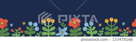 Hand-drawn Crayon Floral Seamless Border. Bright blooming poster with Flower, berries and branches on dark blue Background. Textured Doodle. Vector horizontal illustration. Not AI Hand-drawn Crayon Floral Seamless Border. Bright blooming poster with Flower, berries and branches on dark blue Background. Textured Doodle. Vector horizontal illustration. Not AI 133478166