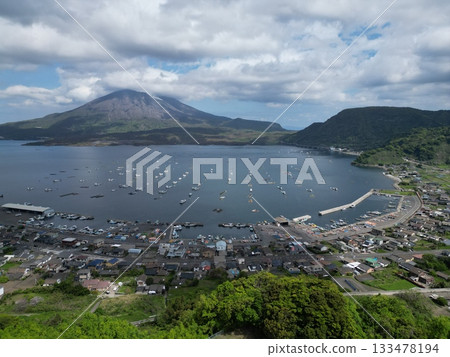 Aerial view of the scenic Kaigata fishing port overlooking Sakurajima and Kinko Bay 133478194