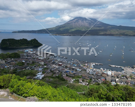 Aerial view of the scenic Kaigata fishing port overlooking Sakurajima and Kinko Bay 133478195