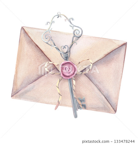 Vintage paper envelope with wax seal, metal key. Hand-painted watercolor illustration isolated on white for greeting cards, wedding invitations, love letters, packaging, scrapbooking, design projects Vintage paper envelope with wax seal, metal key. Hand-painted watercolor illustration isolated on white for greeting cards, wedding invitations, love letters, packaging, scrapbooking, design projects 133478244