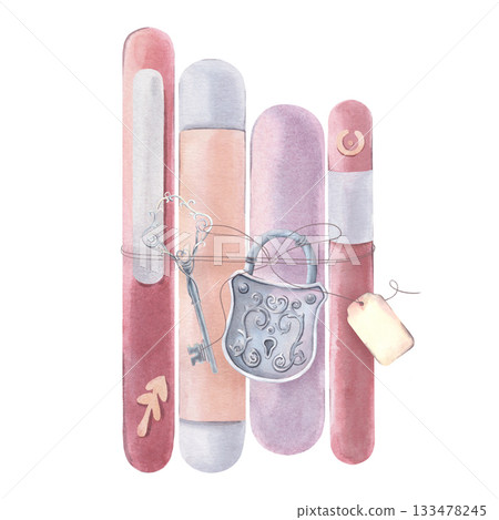 Blank book spines with key, lock, label. Hand-painted watercolor illustration isolated on white for book cover design, publishing houses, branding, stationery, card, poster, invitation, vintage decor 133478245