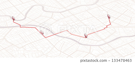 GPS navigation. Markers and pins along designated route. Abstract urban plan POI with city streets. Vector illustration travel path for travel. 133478463