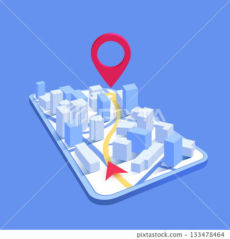 Mobile GPS navigation, smart car location and map pointer. Isometric city map featuring directional signs, an intended goal point on mobile. Vector illustration Mobile GPS navigation, smart car location and map pointer. Isometric city map featuring directional signs, an intended goal point on mobile. Vector illustration 133478464