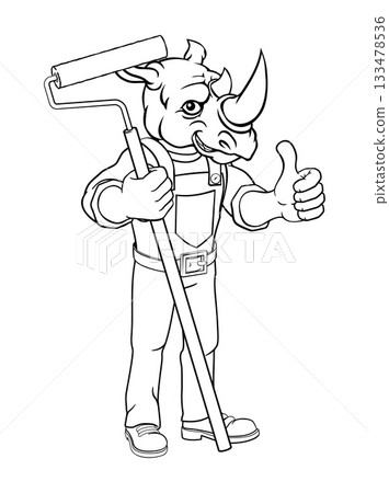 Rhino Painter Decorator Paint Roller Mascot Man Rhino Painter Decorator Paint Roller Mascot Man 133478536