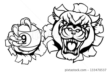 Panther and 9 Ball Nine Ball Pool Cartoon Mascot Panther and 9 Ball Nine Ball Pool Cartoon Mascot 133478537