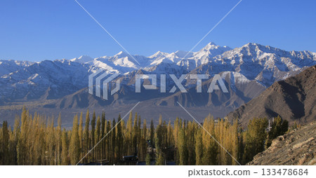 Stok Kangri and other mountains of the Zanskar Range, golden autumn day in Ladakh Leh, India. 133478684