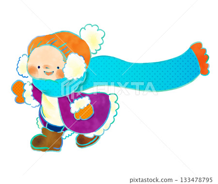 冬日遊戲系列：孩子們穿著溫暖的冬季服裝奔跑——可愛溫馨的插圖 133478795