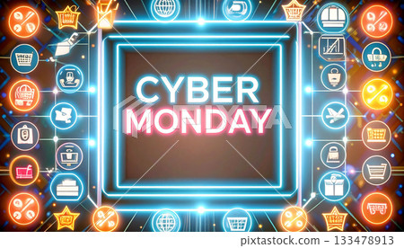 Cyber Monday digital sale background with glowing neon signs and e-commerce icons Cyber Monday digital sale background with glowing neon signs and e-commerce icons 133478913