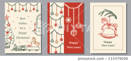 Christmas cards with a fir tree, horse and decorations. Hand drawn vector pastel line art illustration. Suitable for New Years cards, invitations and labels. Christmas cards with a fir tree, horse and decorations. Hand drawn vector pastel line art illustration. Suitable for New Years cards, invitations and labels. 133479098