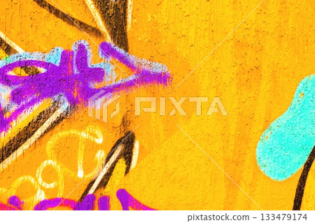 Vibrant Graffiti Abstract in Neon Yellow, Purple, Blue with 80s Street Art Vibe 133479174