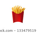 Golden French Fries In A Classic Red Fast Food Container On White Background. 133479519