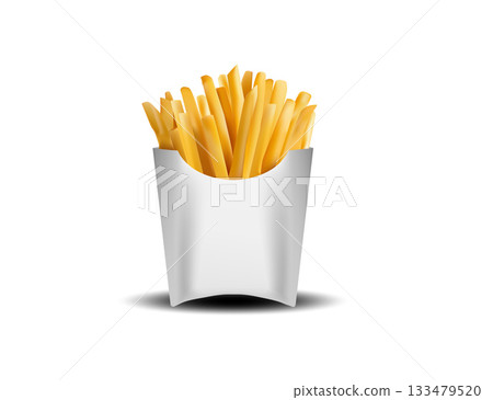 Golden French Fries In White Bag Crispy Snack For Fast Food Lovers And Casual Meals. Golden French Fries In White Bag Crispy Snack For Fast Food Lovers And Casual Meals. 133479520
