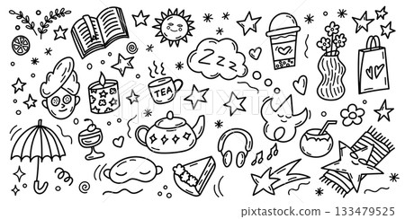 Cozy relax and spa doodle icons seamless background Cozy relax and spa doodle icons seamless background 133479525