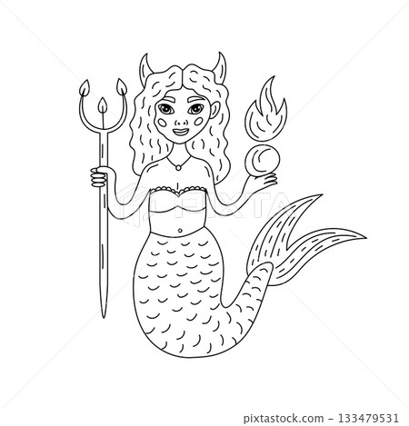 Fantasy devil mermaid girl with trident and fire illustration 133479531