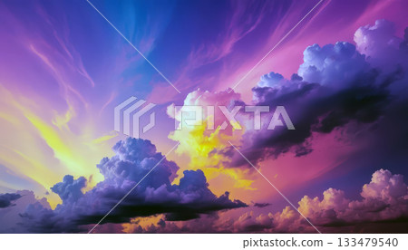 Vibrant Sunset Clouds Over Horizon With Purple, Pink And Yellow Light. 133479540