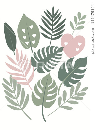 A set of vector elements themed around the beauty of nature and romance. Dark green foliage of exotic leaves and a delicate pink heart adorned with miniature hearts add a touch of tenderness and love. 133479544