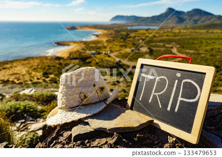 Black board with word trip against sea coast 133479653