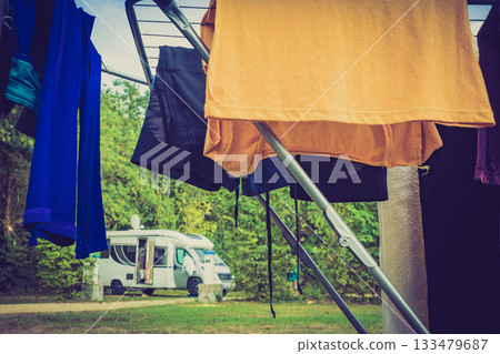 Clothes hanging to dry outdoor at caravan 133479687