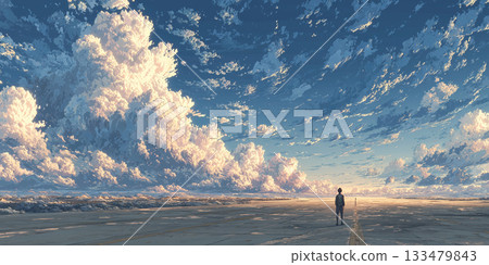 壯麗的積雲構成了一幅絕美的風景，一個人佇立在廣闊的地平線上。 133479843